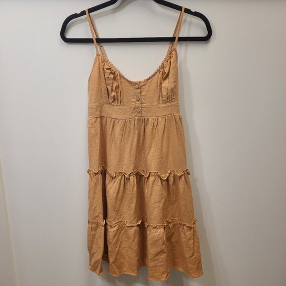 Love Tree Tiered Spaghetti Strap Summer Dress Linen Like Peach Tan SmallButton - Picture 2 of 9